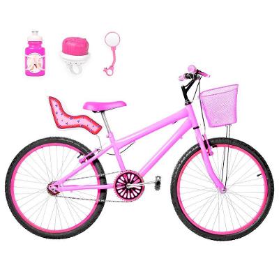 Bicicleta Aro 24 Alumínio + Kit Passeio Rosa E Pink