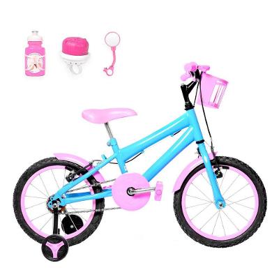 Bicicleta Infantil Feminina Aro 16 Alumínio Colorido + Kit Passeio Azul Claro E Rosa