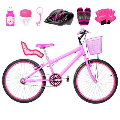 Bicicleta Aro 24 Alumínio Colorido + Kit Premium Rosa E Pink