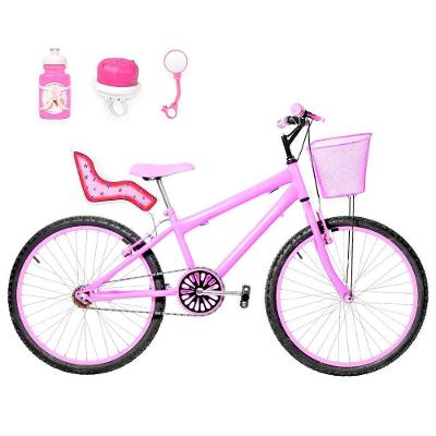 Bicicleta Aro 24 Alumínio + Kit Passeio E Cadeirinha Rosa