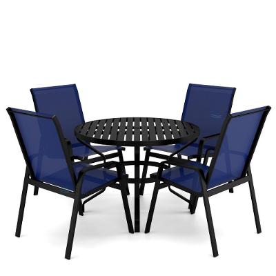 Mesa 4 Cadeiras Ripado Piscina Alumínio Preto E Tela Azul