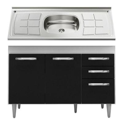 Balcão Gabinete Suécia Com Pia Inox 120cm 3 Portas Branco/preto