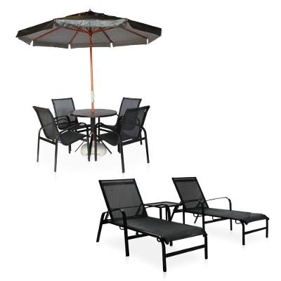 Conjunto 1 Mesa + 4 Cadeiras + 2 Espreguiçadeiras + 1 Mesinha De Centro Em Alumínio - Preto