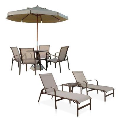Conjunto 1 Mesa + 4 Cadeiras + 2 Espreguiçadeiras + 1 Mesinha De Centro - Marrom e Café Com Leite