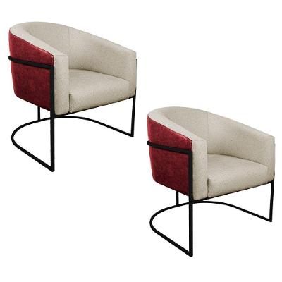 Kit 02 Poltronas Base de Ferro Vermelho e Linho Bege