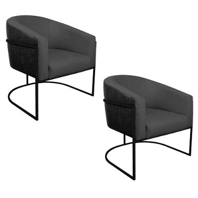 Kit 02 Poltronas Base de Ferro Preto e Linho Cinza Escuro