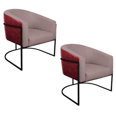 Kit 02 Poltronas Base de Ferro Vermelho e Linho Rosê
