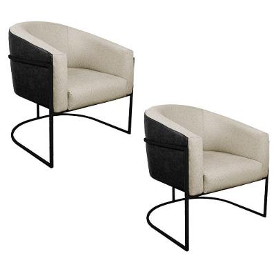 Kit 02 Poltronas Base de Ferro Preto e Linho Bege