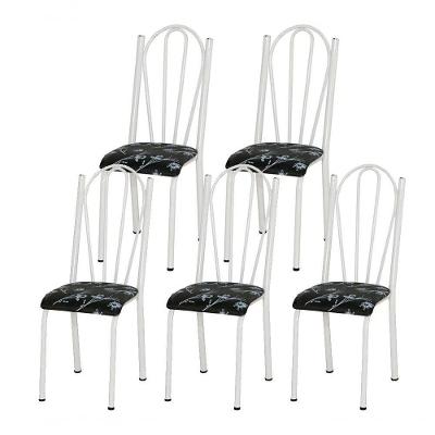 Kit 05 Cadeiras Tubular Branca 021 Assento Preto Florido Branca Preto Florido