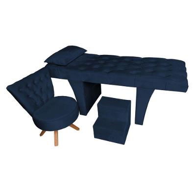 Kit Maca Reta Capitonê 0,60m Sophia Com Mocho Base Madeira E Escada Veludo Azul Marinho - Pallazio
