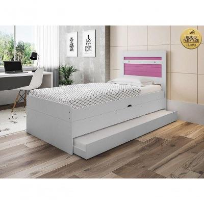 Cama Baú 0,88 Larissa Com Auxiliar Em Mdf Framar Branco Rosa
