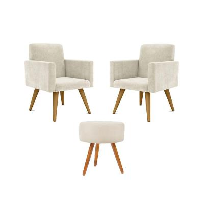 Kit 02 Poltronas Decorativas Pés Palito + 1 Puff Cor:bege