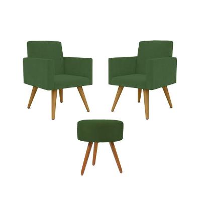 Kit 02 Poltronas Decorativas Pés Palito + 1 Puff Cor:verde