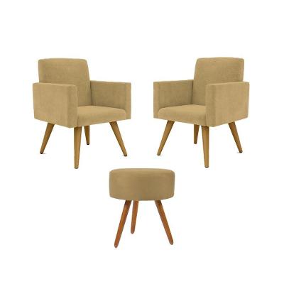 Kit 02 Poltronas Decorativas Pés Palito + 1 Puff Cor:capuccino