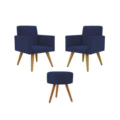 Kit 02 Poltronas Decorativas Pés Palito + 1 Puff Cor:azul Marinho