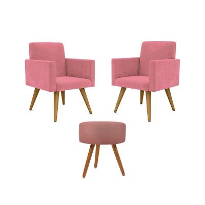 Kit 02 Poltronas Decorativas Pés Palito + 1 Puff Cor:rosa