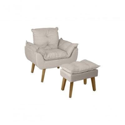 Poltrona Decorativa Opala E Puff Opala Bege Claro Com Fibra De Silicone E Pés Quadrado