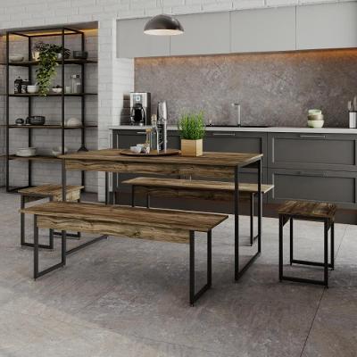 Mesa De Jantar Tub C-02 Bancos E 02 Banquetas Carvalho Dark - Est.preta Carvalho Dark - Est.preta