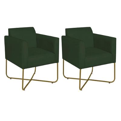 Kit 02 Poltronas Decorativas Andréia Base X Dourada Linho Cor Verde