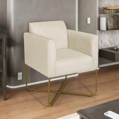 Poltrona Decorativa Andréia Base X Dourada Suede Cor Bege