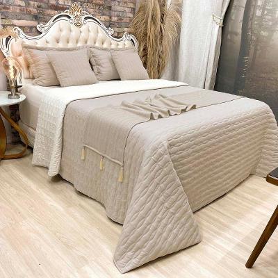 Kit Cobre Leito Colcha Dubai Queen 08 Peças Dupla Face Micropercal 200 Fios Xale Pompom Clean - Bege