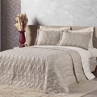 Kit Cobre Leito Colcha Monique Queen 5 Peças Dupla Face Micropercal 200 Fios Bordado Floral - Cáqui