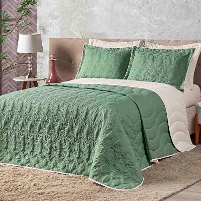 Kit Cobre Leito Colcha Monique Queen 5 Peças Micropercal 200 Fios Bordado Floral - Verde Esmeralda