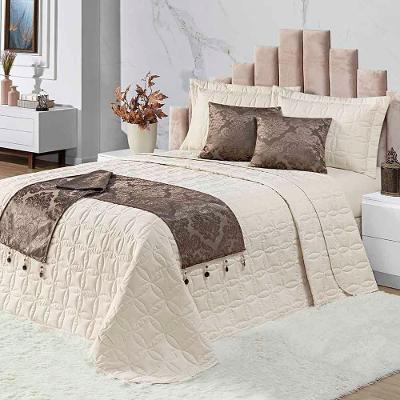 Kit Cobre Leito Colcha Midna Queen 8 Peças Dupla Face Xale Floral Jacquard Pedraria - Marrom Palha