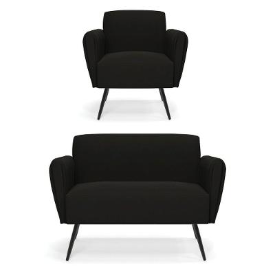 Sofá Namoradeira Com Poltrona Pés Palito De Ferro Bruna Suede - D'rossi Cor Preto