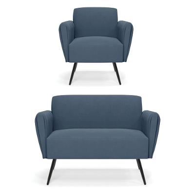 Sofá Namoradeira Com Poltrona Pés Palito De Ferro Bruna Suede - D'rossi Cor Azul Marinho