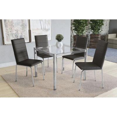 Kit Mesa Reno C- Tampo Vidro 90cm + 4 Cadeiras Amsterdã Cromado Courano Preto