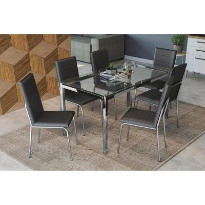 Kit Mesa Reno C- Tampo Vidro 150cm + 6 Cadeiras Amsterdã Cromada Preto