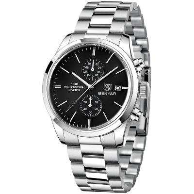 Relógio De Quartzo Esportivo Masculino Benyar Luxo Impermeável Cronógrafo Preto Aço