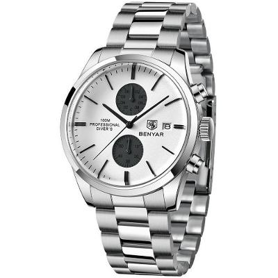 Relógio De Quartzo Esportivo Masculino Benyar Luxo Impermeável Cronógrafo Branco Aço