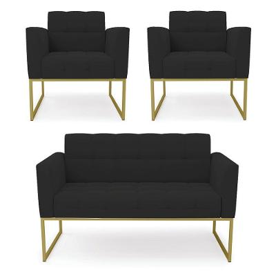 Kit 1 Sofá Namoradeira E 2 Poltronas Elisa Veludo Preto Base Metálica Industrial Dourado - D'rossi