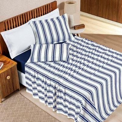 Jogo Cama Lençol Daily Casal Padrão Malha 100% Algodão Listrado 4 Peças - Azul Marinho