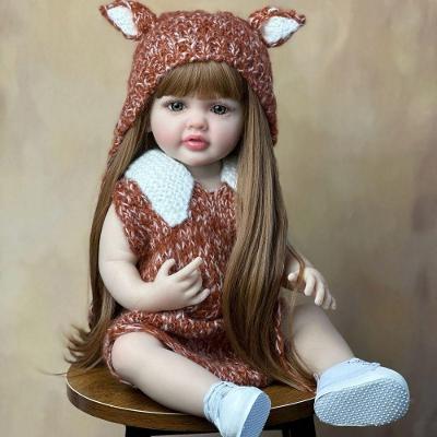 Bebê Reborn Menina Boneca De Silicone Macio Longo Cabelo Castanho Color Qiqi