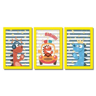Kit Quadros Infantil Dinossauro Kids 20x30 3 Peças Titulo Moldura Amarela