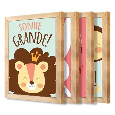 Kit 4 Quadros Infantil Leão Animais Bichos Frases 20x30cm Titulo Moldura Mel