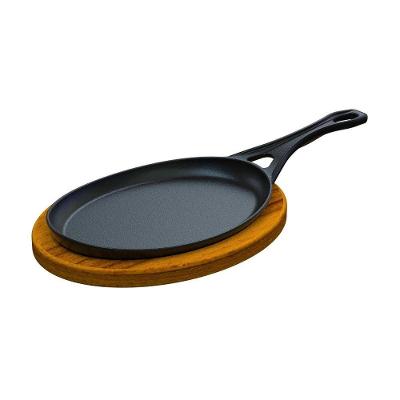 Frigideira Oval Cabo Ferro Fundido Suporte Madeira 25x18cm.
