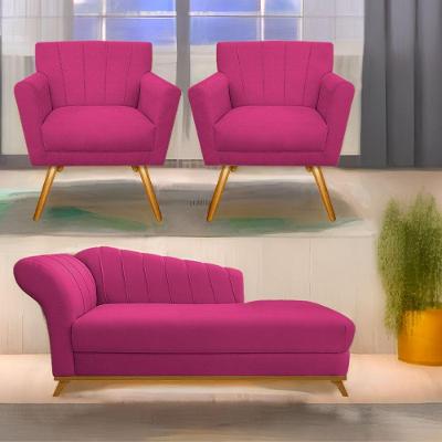 Kit Diva Recamier Vanessa 140Cm Lado Direito E 02 Poltronas Laura Suede Cor Pink