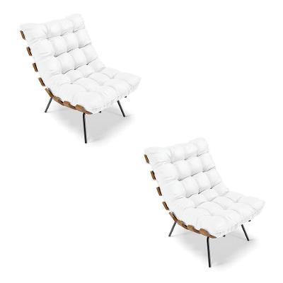 Kit 02 Poltronas Costela Corino Branco Base Metálica Preto