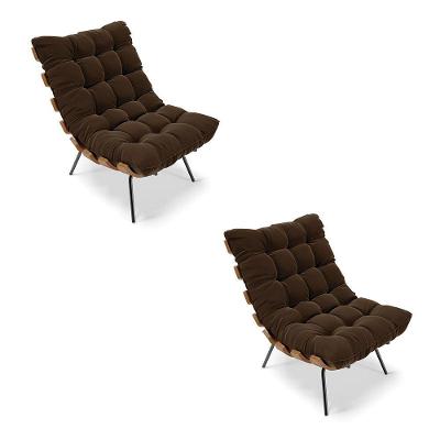 Kit 02 Poltronas Costela Suede Marrom Base Metálica Preto