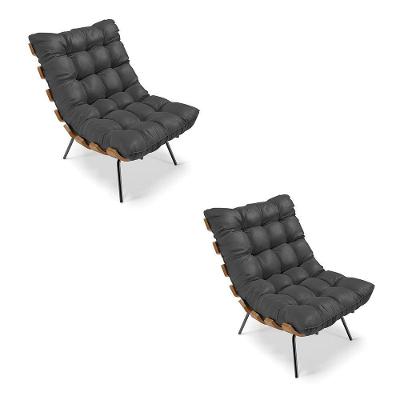 Kit 02 Poltronas Costela Corino Preto Base Metálica Preto