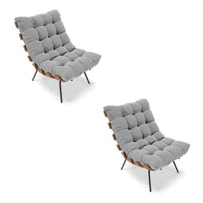 Kit 02 Poltronas Costela Suede Base Metálica Preto Cinza