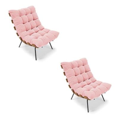 Kit 02 Poltronas Costela Suede Base Metálica Preto Rosa Bebê
