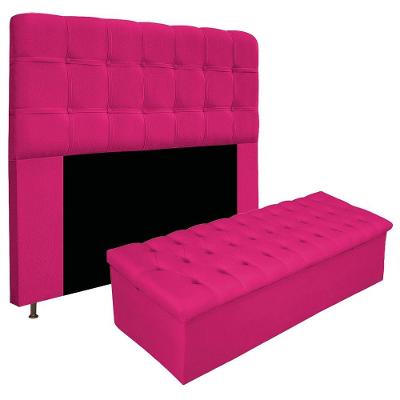 Kit Cabeceira Calçadeira Baú Estofada 140cm Casal Pink