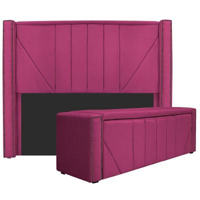 Kit Cabeceira e Calçadeira Baú Casal 140cm Suede Pink