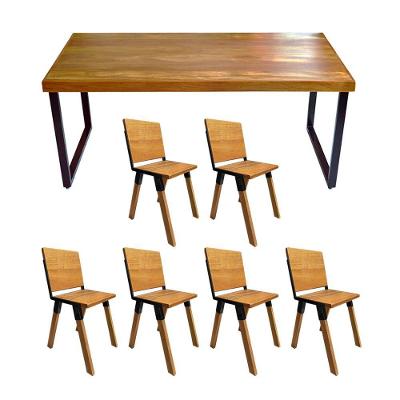 Conjunto Mesa Industrial Bernardo Madeira Maciça 2,00mx90cm C- Ferragem Preta E 6 Cadeiras Detroit Marrom