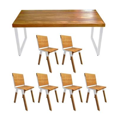 Conjunto Mesa Industrial Bernardo Madeira Maciça 1,80mx90cm C- Ferragem Branca E 6 Cadeiras Detroit Marrom